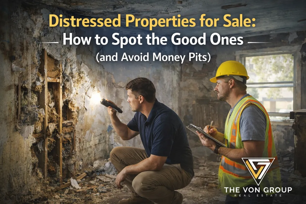 Investor inspecting distressed property with contractor evaluating repair needs and structural issues