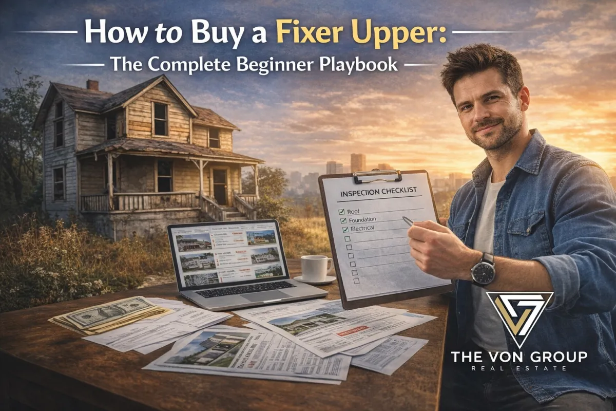 First-time investor standing in front of fixer upper home with clipboard and inspection checklist