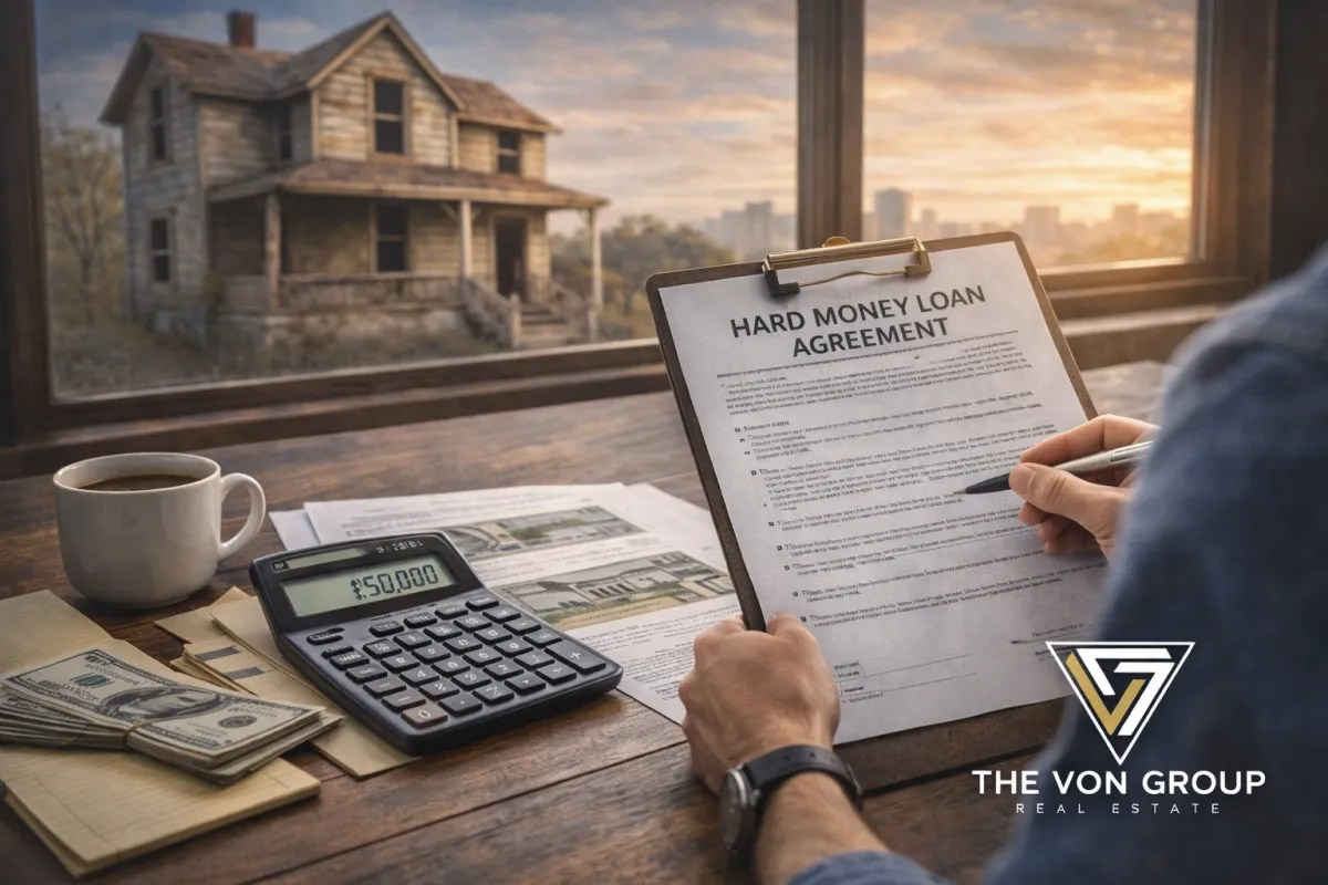 Investor reviewing hard money loan documents and calculator with fixer upper property in background
