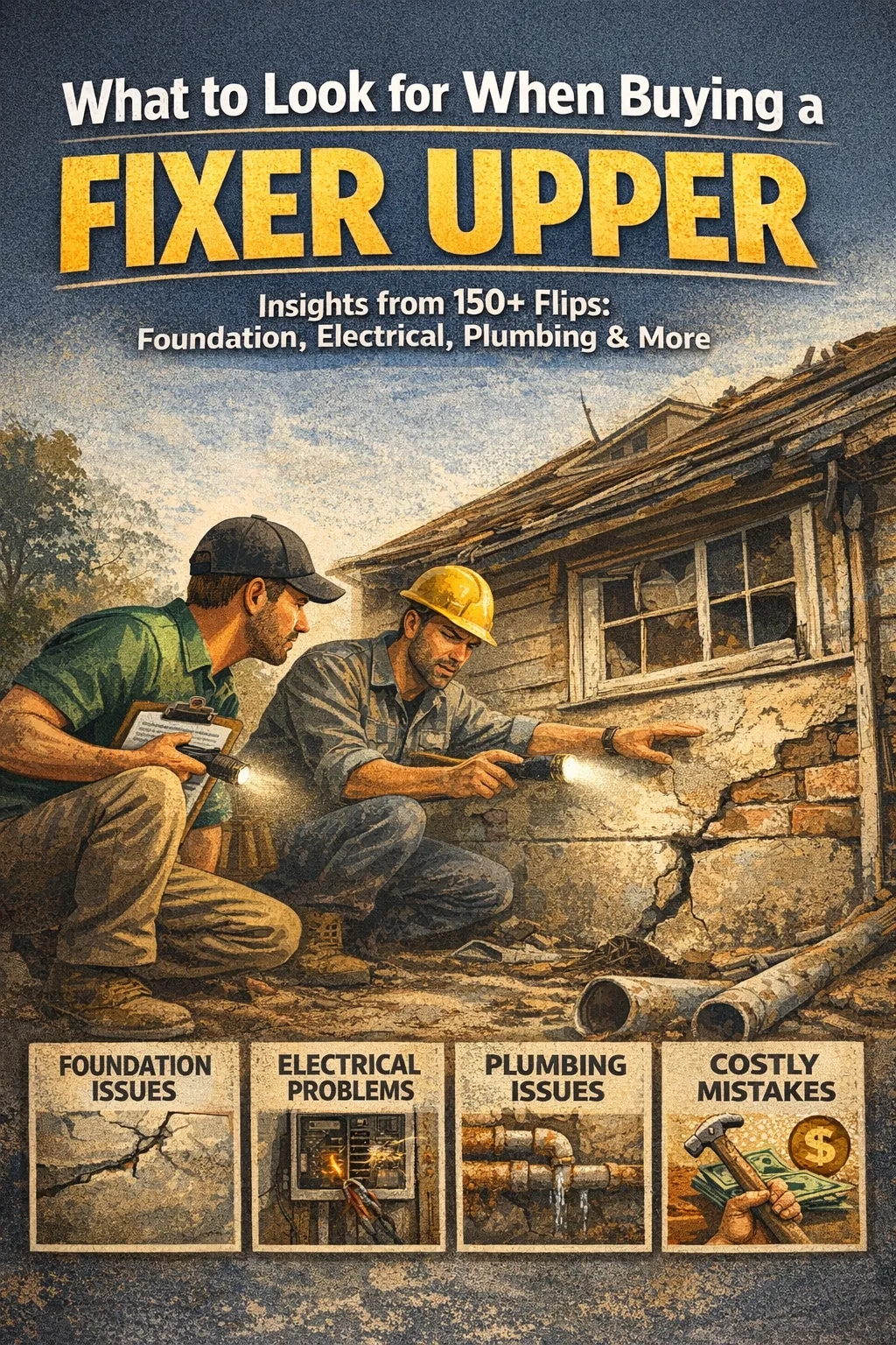 Investor inspecting fixer upper property checking foundation and structural issues with contractor