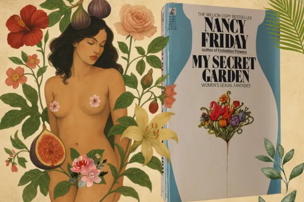Women reading and sharing sexual fantasies inspired by Nancy Friday's My Secret Garden book, representing modern female empowerment and erotic storytelling