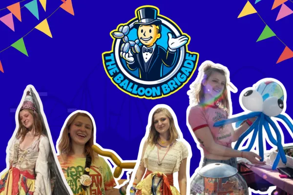 A colorful cover image featuring Olivia Lucille in various costumes and outfits, smiling and making balloon creations. The Balloon Brigade logo is centered above her with festive banners and a bright blue background.