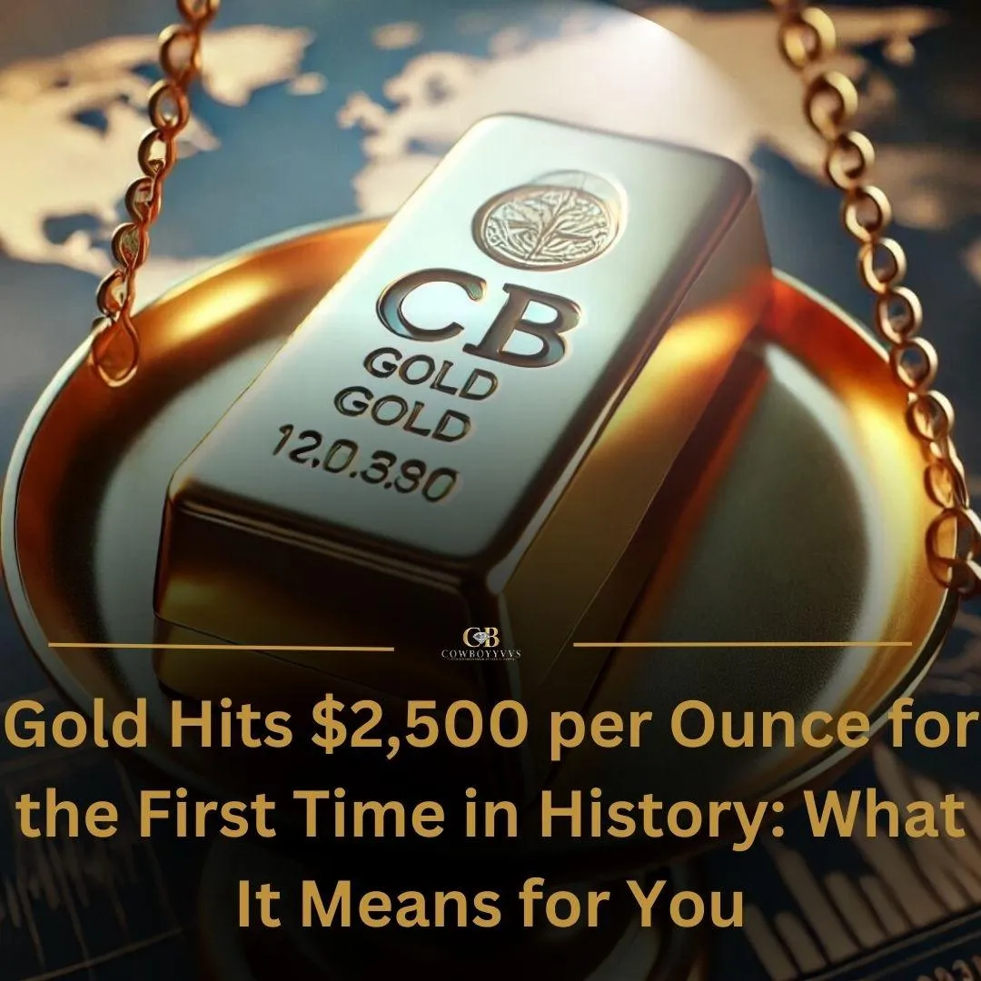 A shiny gold bar stamped with the letters "CB" sitting on a modern scale, with a background featuring subtle financial market elements like stock charts and world maps, symbolizing the rise of gold prices to $2,500 per troy ounce.