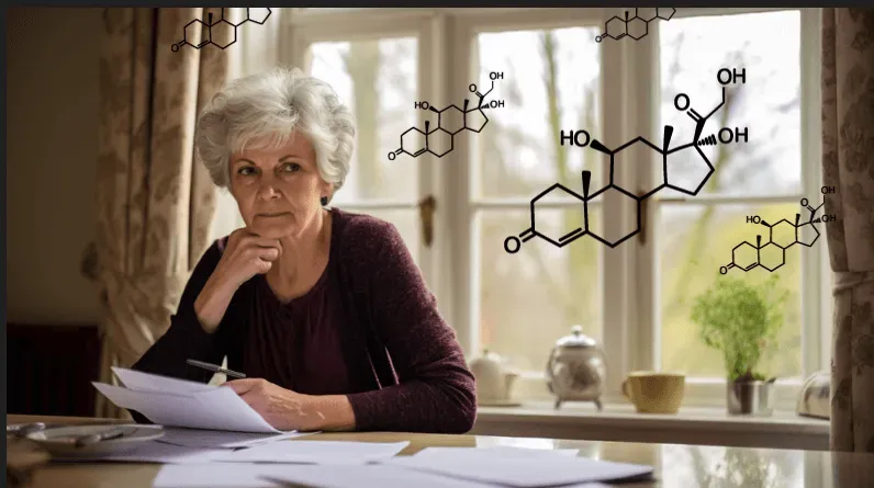 An old woman is sitting and thinking with all the papers on the table.