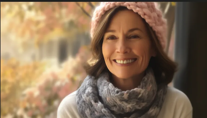 A short haired smiling woman wearing winter outfit
