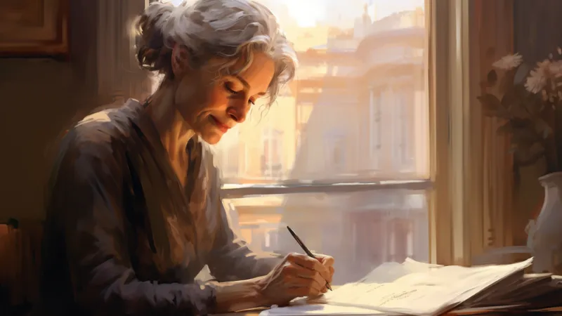 A woman writing down something in the paper