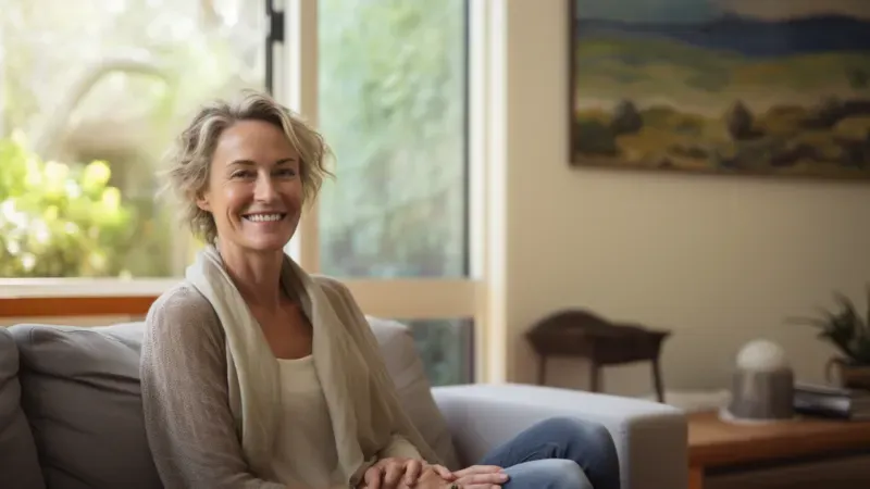 A white haired smiling woman sitting on the couch