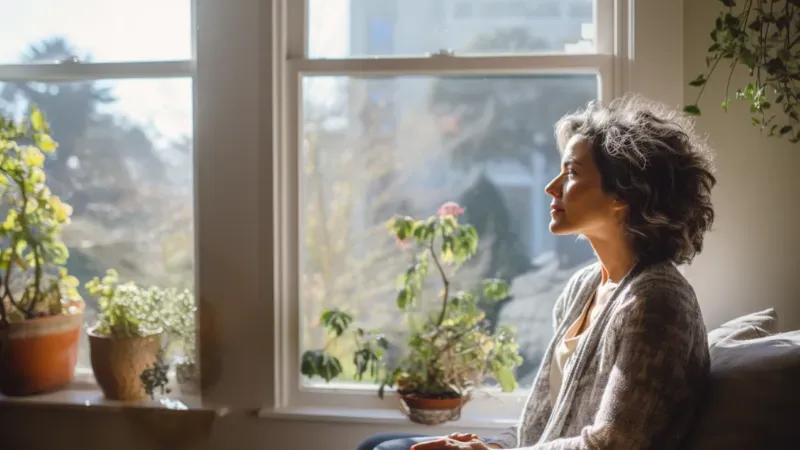 A gray-haired woman sitting by the window