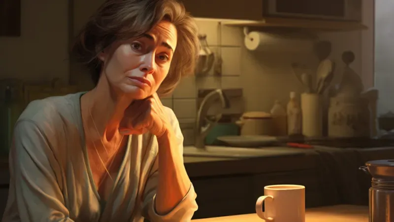 A sad woman sitting in the Kitchen table