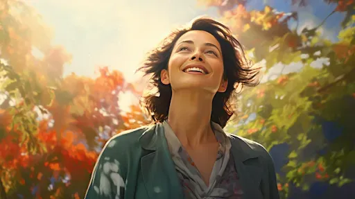 A happy woman looking up the sun