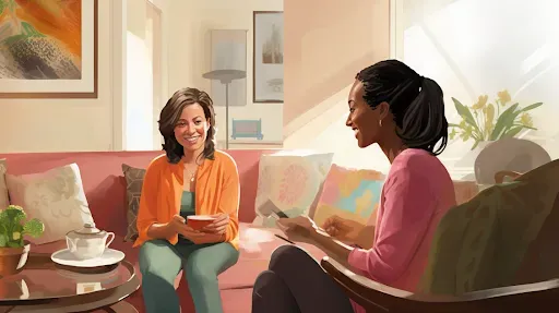 Two smiling women sitting in the living room
