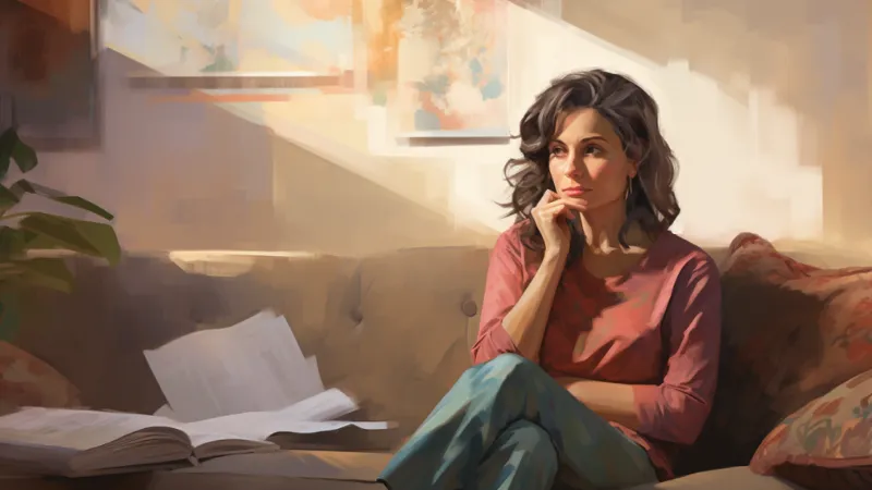 A sad woman sitting alone in the couch