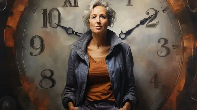 A woman looking straight with a big clock behind her