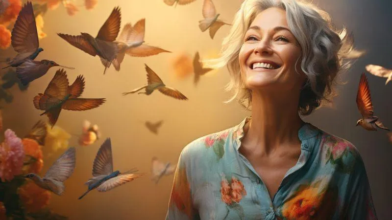 A woman smiling looking ahead with birds behind her in a sunny day