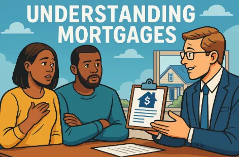 Illustration of a mortgage broker explaining loan options to a couple, symbolizing mortgage education