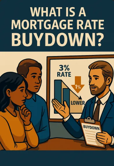 A digital illustration showing a couple meeting with a mortgage broker to discuss rate buydown options