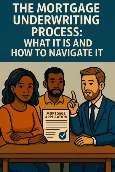 Mortgage professional reviewing documents with homebuyers, labeled “Mortgage Underwriting Process