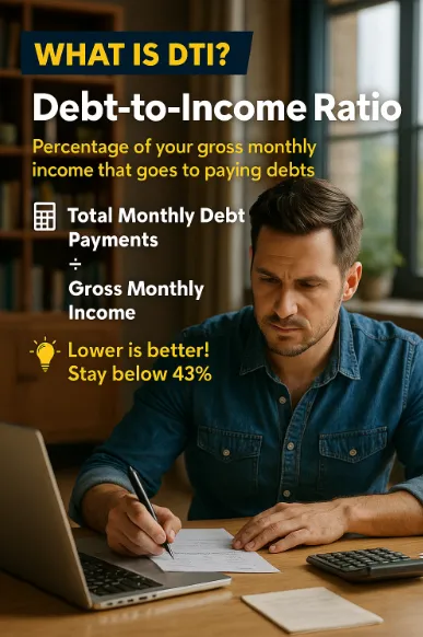 Man reviewing finances at home with laptop and calculator, overlay explaining Debt-to-Income (DTI) ratio for mortgage approval.