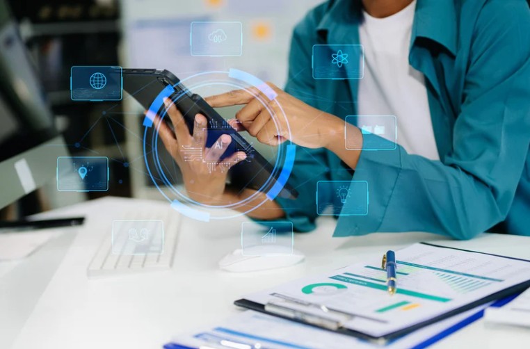 woman using a device with an AI filter over laid