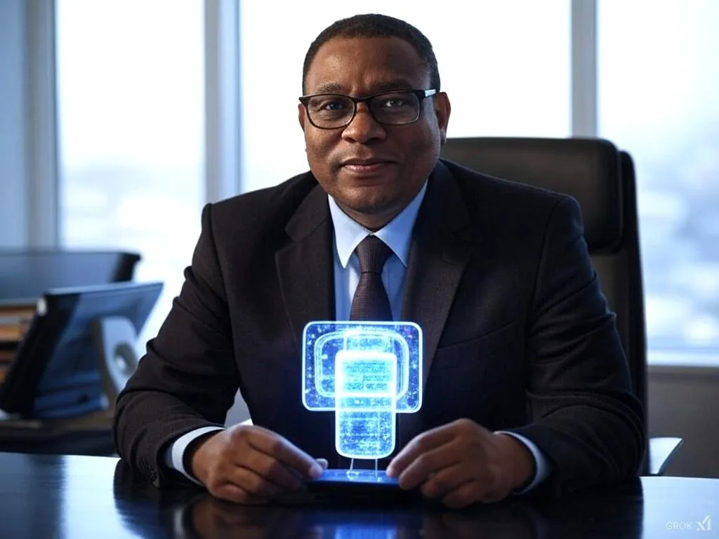 A vibrant and futuristic depiction of a Black American business owner leveraging Voice AI