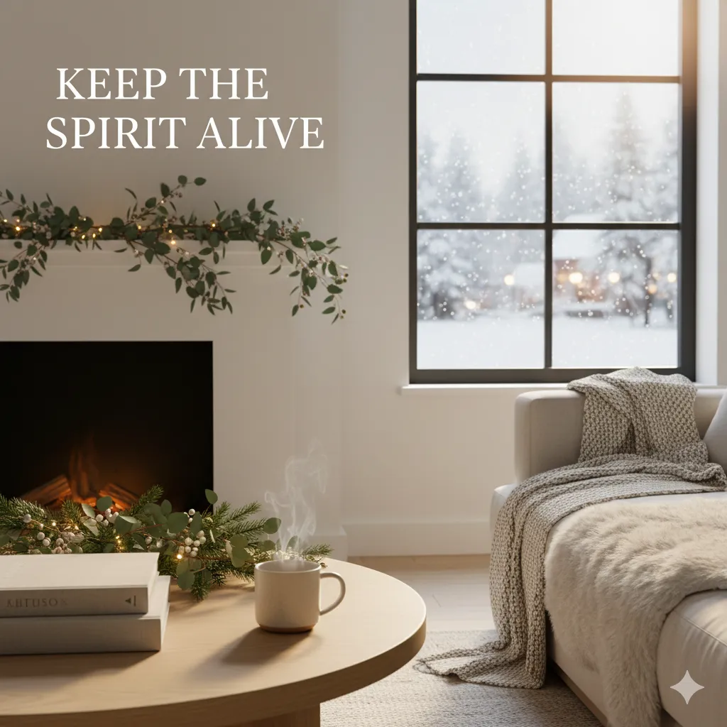 Cozy, modern Indiana home interior with warm lighting, light holiday greenery, a steaming mug on a table, and soft winter snowfall outside the window. Peaceful, inviting travel moment.