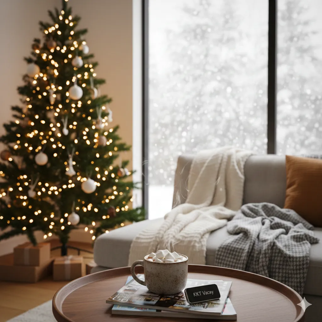 Close-up of a warm holiday drink and KKT Vacay key fob on a coffee table inside a cozy Indianapolis short-term rental.