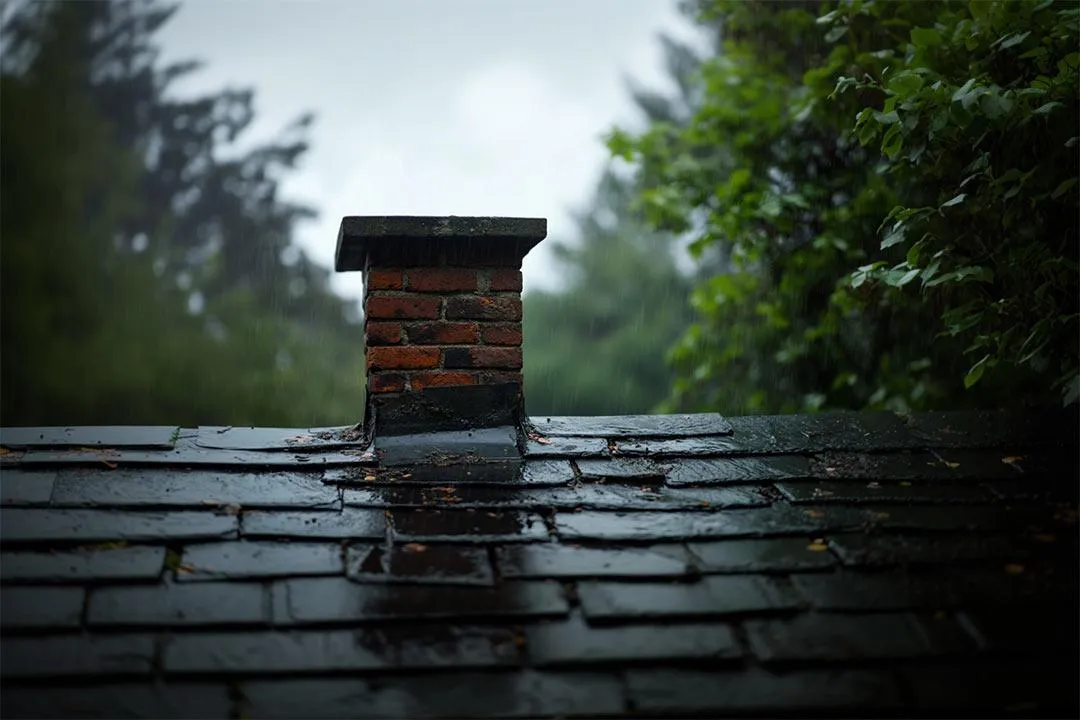 Worn-out flashing around a chimney causing water leaks.