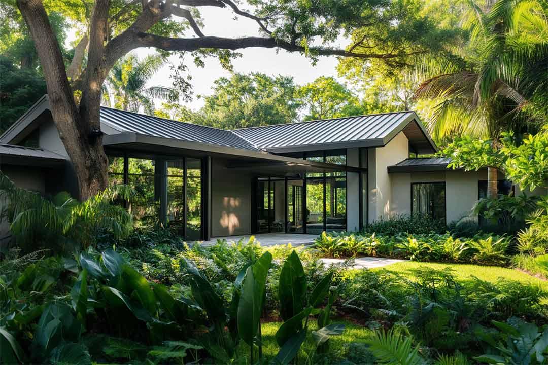 Modern home with sleek standing seam metal roof and clean, vertical lines.