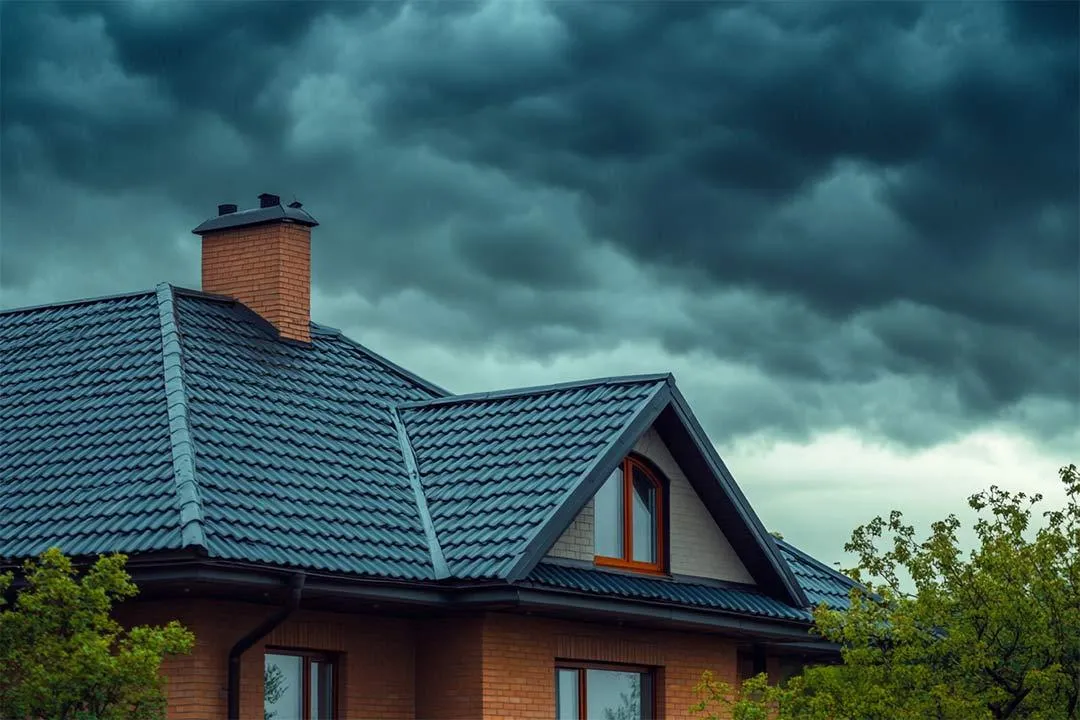 House with a wind-resistant roof during strong winds.