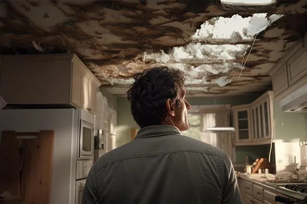 homeowner looking at the broken roof caused by hailstorm