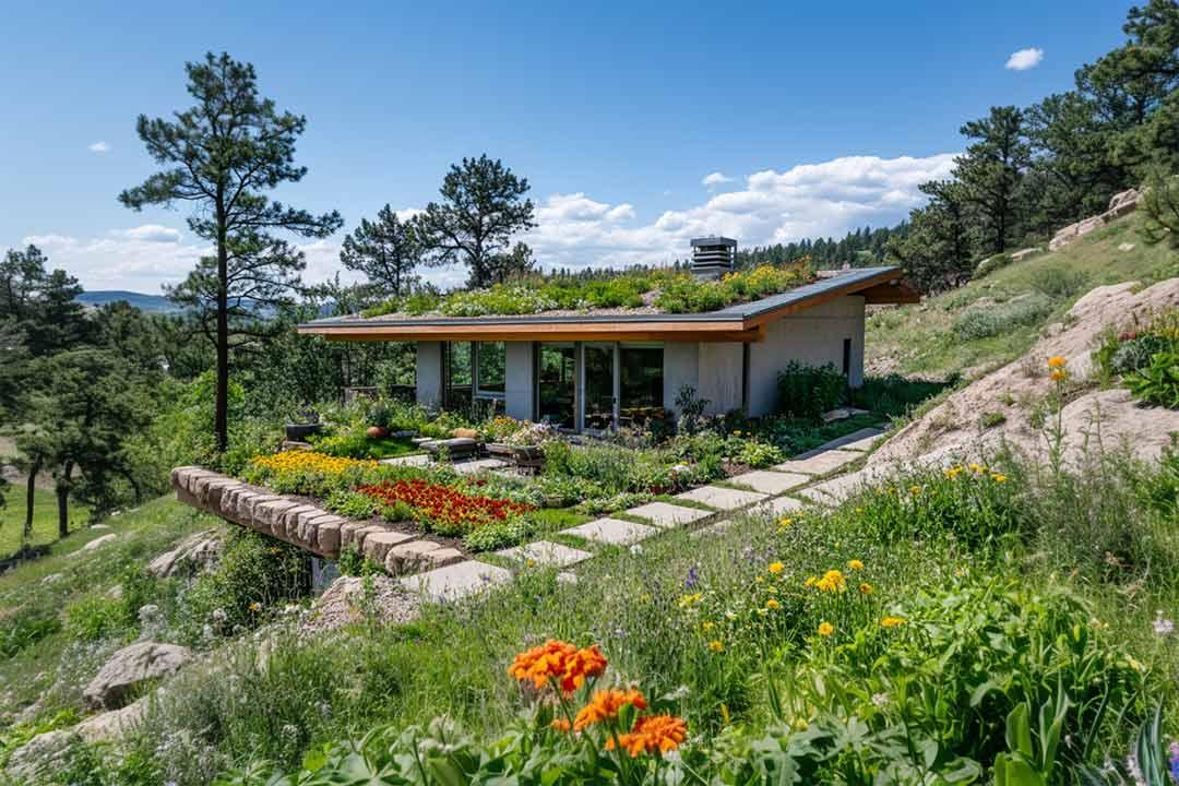 Rooftop garden on a modern home in a natural landscape.