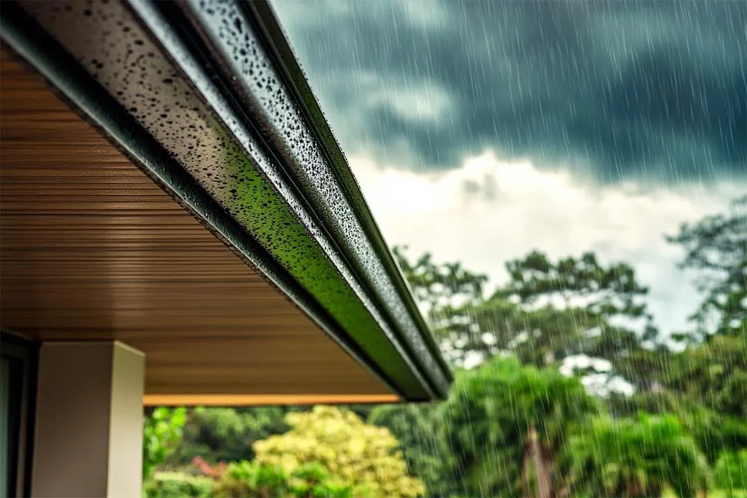 Modern home with newly installed gutters during light rain.