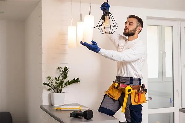 Roofer installing hanging lights