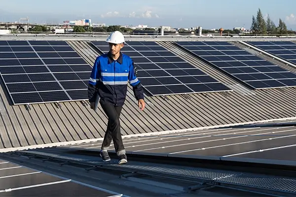 A roofer on solar panel roof conducting a regular roof inspection