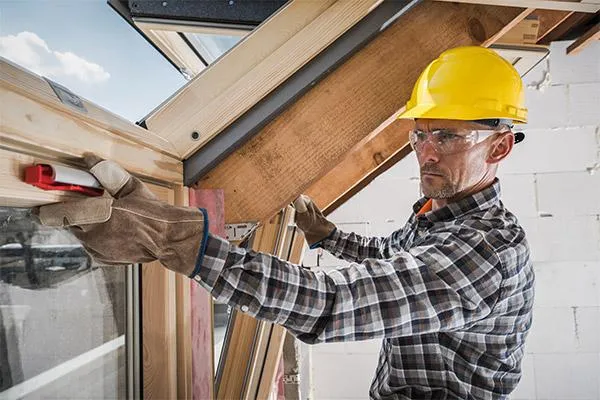 Roofer wearing a yellow hard hat and gloves, using a level tool to align a wooden roof frame at a construction site