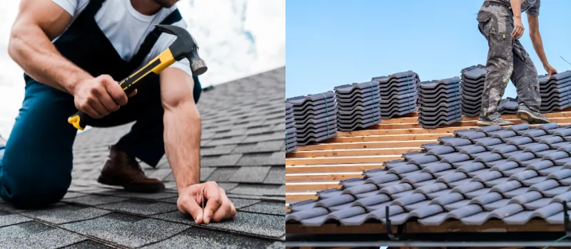 workers replacing an old roof, while another shows them installing a roof on a new building