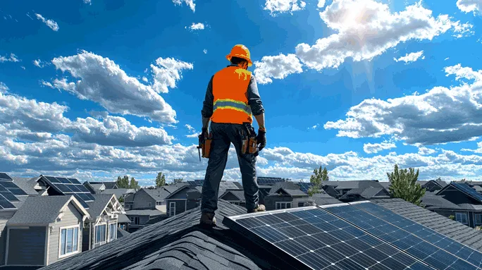 Roofer in a bright orange safety vest and hard hat standing on a rooftop with solar panels, overlooking a neighborhood filled with solar installations under a vibrant blue sky.