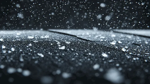 Close-up image of hailstones hitting an asphalt shingle roof during a hailstorm, showcasing the intensity of impact and potential for roof damage.