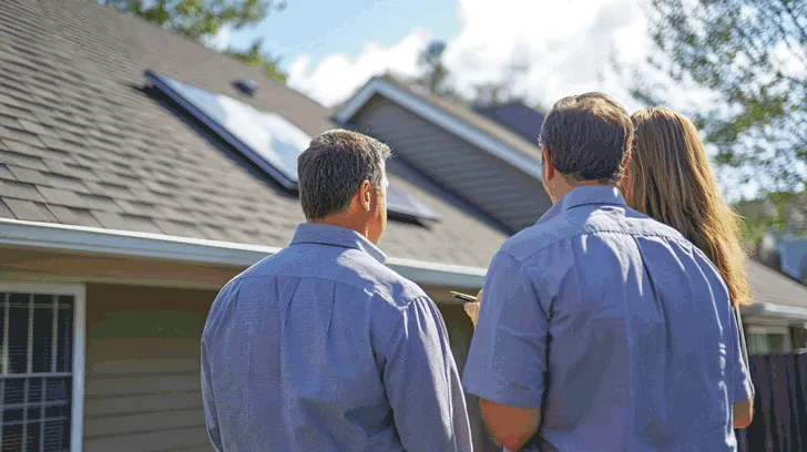 A group of three people examining a newly installed asphalt shingle roof with solar panels in a suburban neighborhood. The discussion appears to be about roofing quality, energy efficiency, or a home improvement project. The image highlights modern roofing solutions, including solar integration and durable shingle materials.