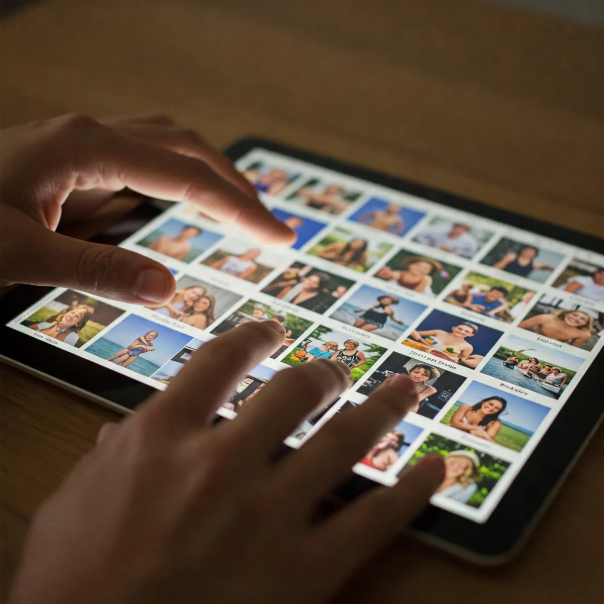 Hands gently sorting through vibrant digital photos on a tablet, symbolizing the ease and joy of an organized photo collection.