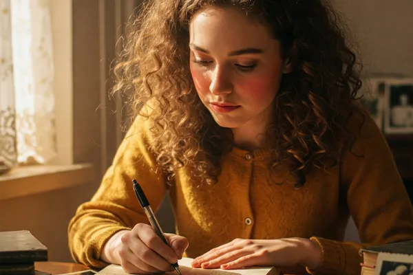 woman journaling with family photos for legacy book