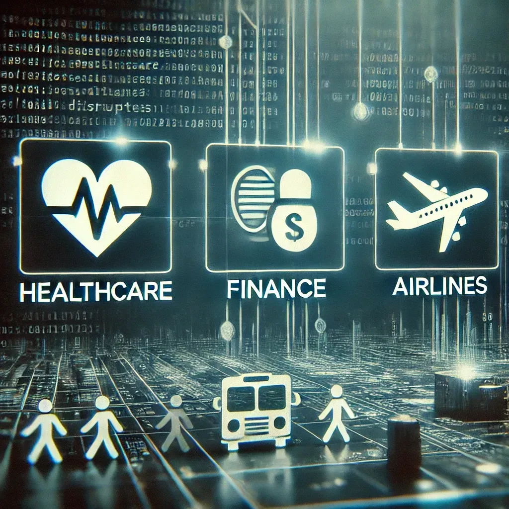 A digital glitch displayed on a screen with disrupted icons representing healthcare, finance, and airlines. The background has a dark, futuristic theme with lines of code, creating a sense of urgency. The CrowdStrike logo is subtly included, indicating the context of the issue.