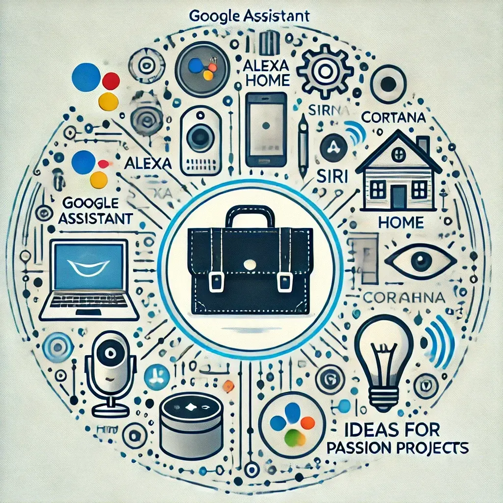 An image representing AI tools for business, home, and passion projects. It features icons of Google Assistant, Alexa, Siri, Cortana, and ChatGPT surrounding a central hub with illustrations of a briefcase (business), a house (home), and a lightbulb (ideas for passion projects). The background is light and clean, symbolizing efficiency and organization.