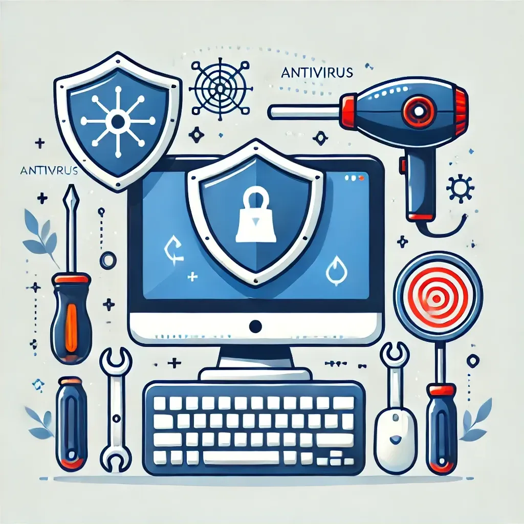 An image representing computer maintenance. It features a desktop computer with tools like a wrench and screwdriver around it, a dust blower, and a shield symbolizing antivirus protection. The background is clean and light, symbolizing efficiency and upkeep.