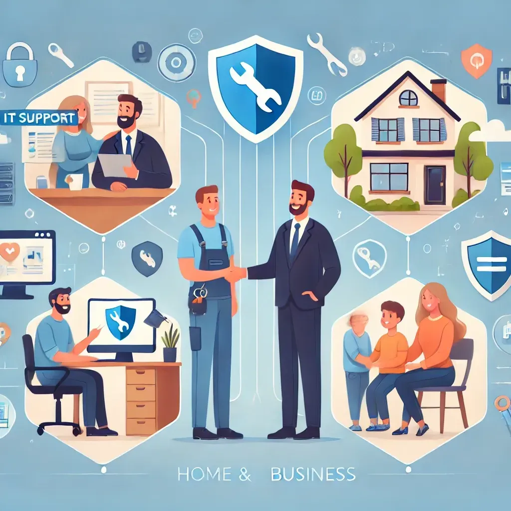 An image representing a strong relationship with IT support specialists for home and business. It features a friendly IT technician interacting with a business person in an office setting and a family at home, with icons of computers, security shields, and tools around them. The background is light and welcoming, symbolizing support and reliability.