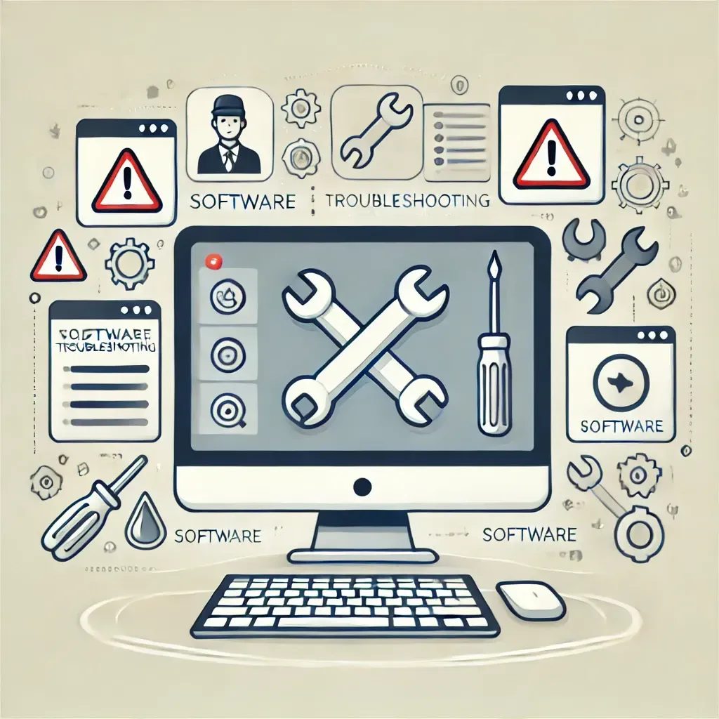 An image representing software troubleshooting, featuring a computer screen with warning symbols, tools like a wrench and screwdriver, and icons for software and application settings. The background is light and clean, symbolizing problem-solving and support.