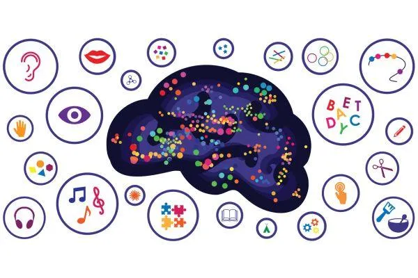 Graphic of colourful brain surrounded by circles containing various symbols such as music, jigsaws, letters
