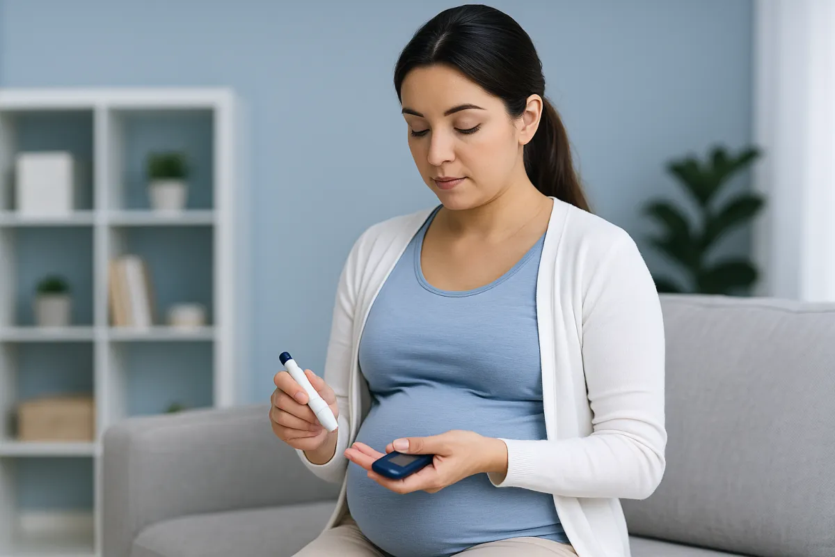 Embarazada midiendo glucosa en casa; concepto de diabetes gestacional y control prenatal en Tijuana