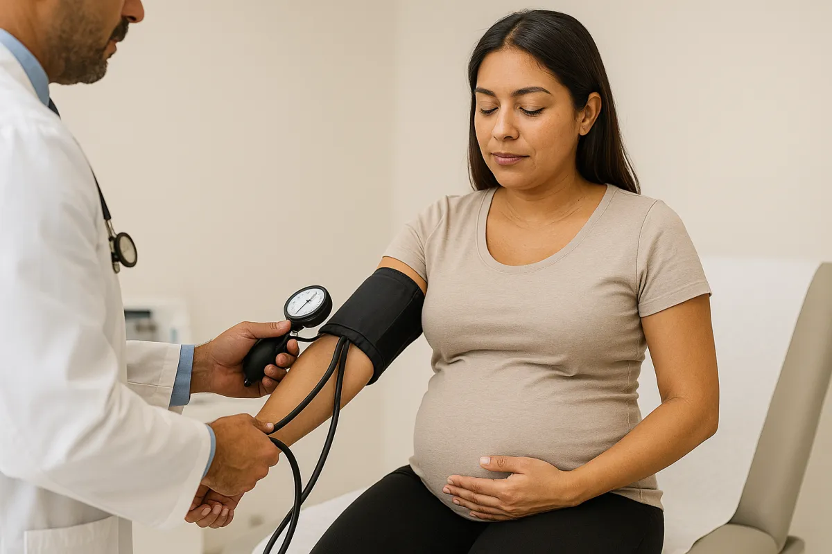 Gestante tomándose la presión en consulta de control prenatal en Tijuana (preeclampsia)