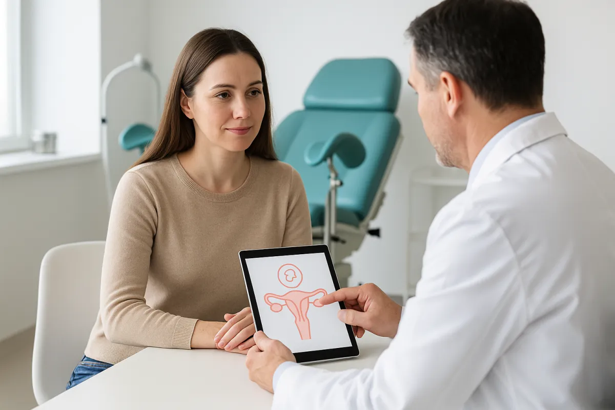 Mujer joven hablando con su ginecólogo en consultorio moderno, revisando en una tablet la planificación de embarazo durante una consulta preconcepcional en Tijuana.